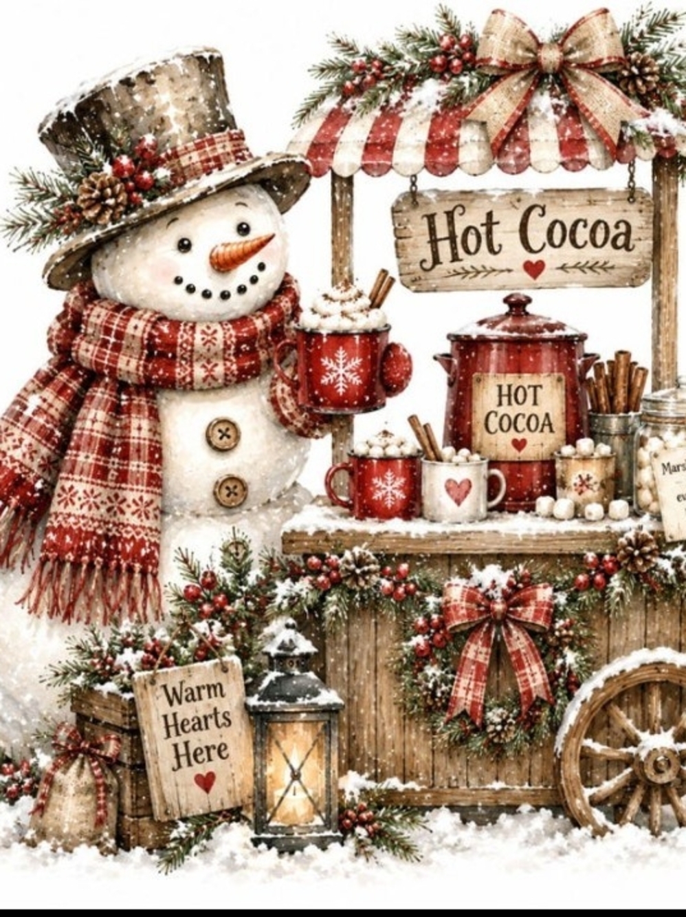 Festive Snowman Hot Cocoa Holiday Wall Art Print - Red & Cream 8x10